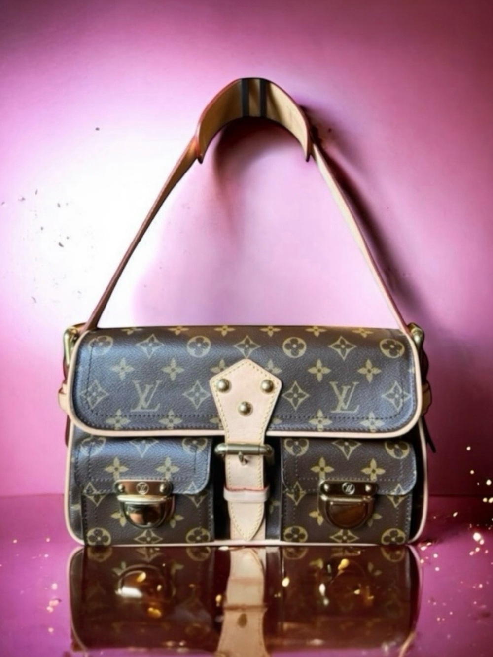 💞VINTAGE LOUIS VUITTON Brown Monogram Hudson PM Shoulder Bag Gold-Tone Hardware